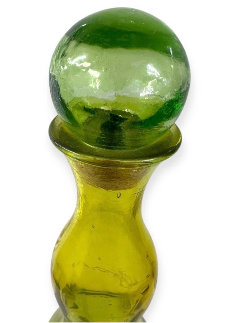 Large Vintage Hand Blown Glass Decanter Film Painted Green Finish 20” Stopper - Picture 9 of 10